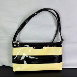 Kate Spade Black and Cream Glossy Striped Crossbody with Pink Lining